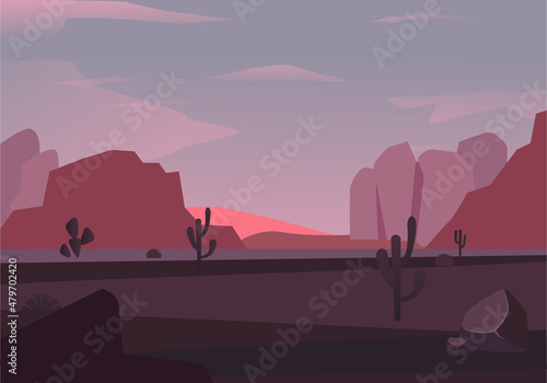 Purple desert with mountains at sunrise illustration Fotobehang