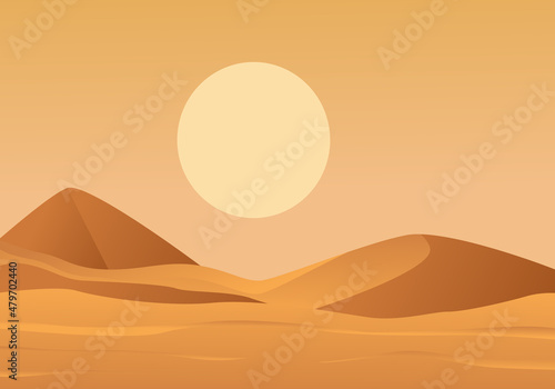 Hot desert with setting sun landscape. Yellow large disc hanging on sand dunes arid plain without plants and animals disastrous dry place arizona wilderness. Vector cartoon background.