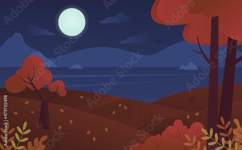 Night autumn landscape with lake and mountains illustration. Dark sky with moon trees falling in yellow and meadows covered with leaves blue river flowing through valley. Cartoon vector wilting.