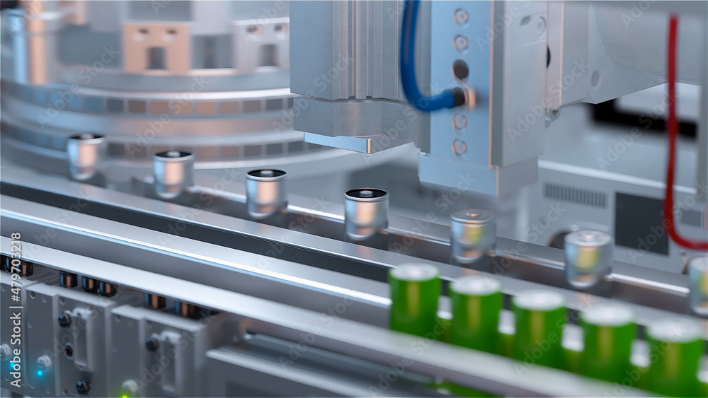 Production of lithium ion batteries. Battery factory. 3D illustration. 3D rendering. Production of lithium ion batteries. Battery factory. 3D illustration. 3D rendering.