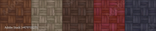 Textures of color wood parquet for game background. Vector cartoon seamless patterns of top view of wooden floor surface, old vintage laminate from timber boards