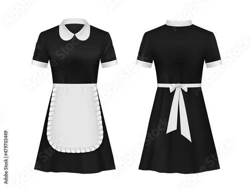 Maid and waitress uniform, hotel and house worker dress clothes. Realistic vector black dress with white collar, cuffs and half apron with ruffle, front and rear view of isolated 3d uniform