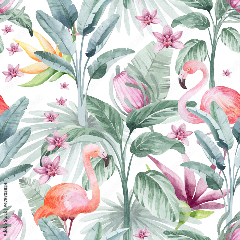 Fototapeta premium watercolor seamless pattern. floral background tropical blooming flowers and leaves with flamingo birds. Plants and flowers of Australia. Pink flamingo. for fabric, textile, roll wallpaper, design