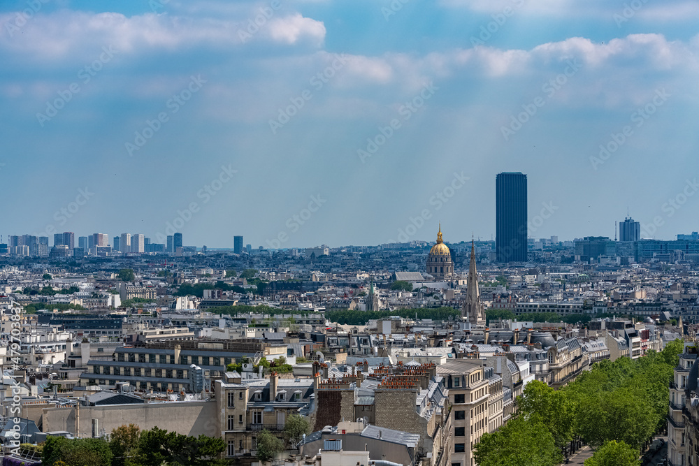 Paris, aerial view of the city, with the Invalides dome and the Montparnasse tower in background
