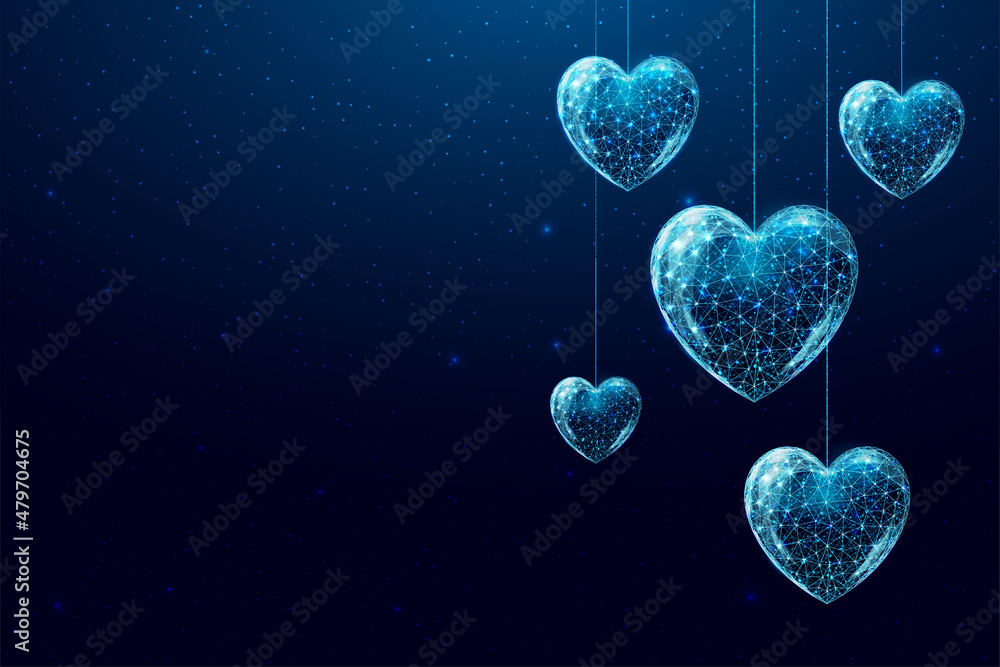 Wireframe hearts in low poly style. Happy Valentine's day banner. Abstract modern 3d vector illustration on dark blue background Wireframe hearts in low poly style. Happy Valentine's day banner. Abstract modern 3d vector illustration on dark blue background