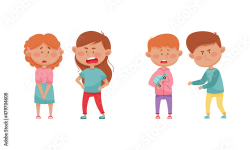 Warring Boy and Girl with Offensive Behavior Insulting Agemate Vector Set