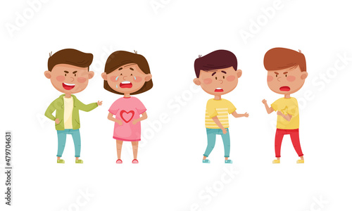 Warring Boywith Offensive Behavior Insulting Crying Girl Agemate Vector Set