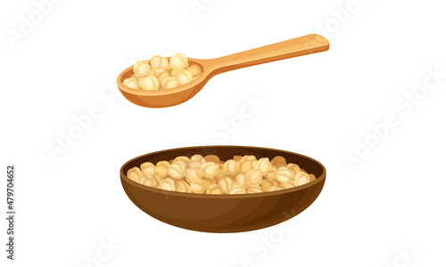Pile of Raw and Dry Beige Chickpeas Rested in Wooden Bowl and Scoop Vector Set