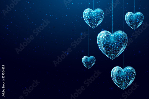 Wireframe hearts in low poly style. Happy Valentine's day banner. Abstract modern 3d vector illustration on dark blue background
