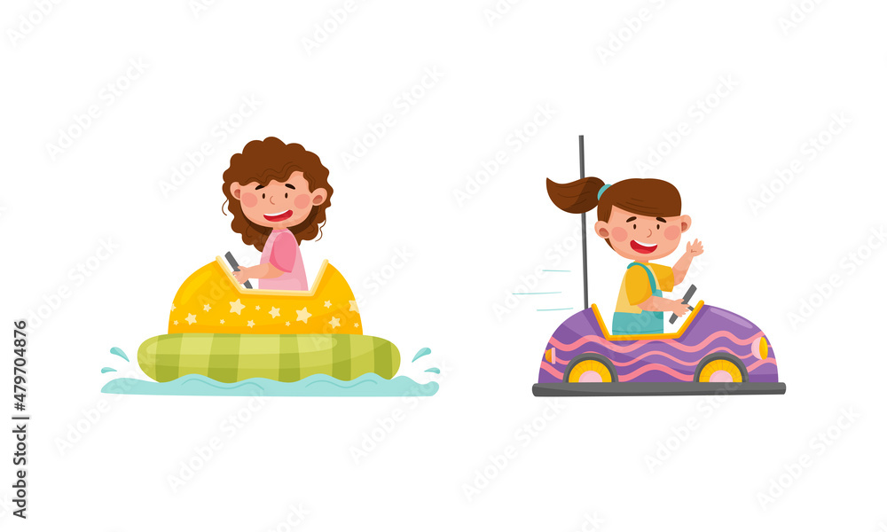 Happy kids having fun in amusement park set. Cute girls riding bumper car  and boat cartoon vector illustration Stock Vector | Adobe Stock