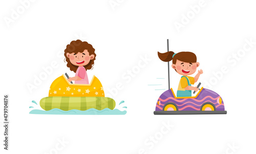 Happy kids having fun in amusement park set. Cute girls riding bumper car and boat cartoon vector illustration