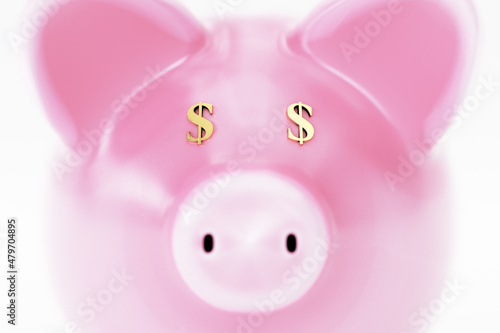 Pink Piggy Bank With Gold Dollar Sign Eyes. Super Close Up View. 3D Rendering Illustration. Cute Pink Personal Savings Bank. Golden Money Eye Pig.