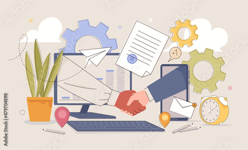 Internet is creating borderless space for business people from all over world. Global cooperation. Businessmen shake hands on phone and computer. Vector illustration in flat cartoon style.