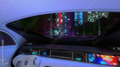 Night view of the city from the car with automatic piloting. 3d illustration.