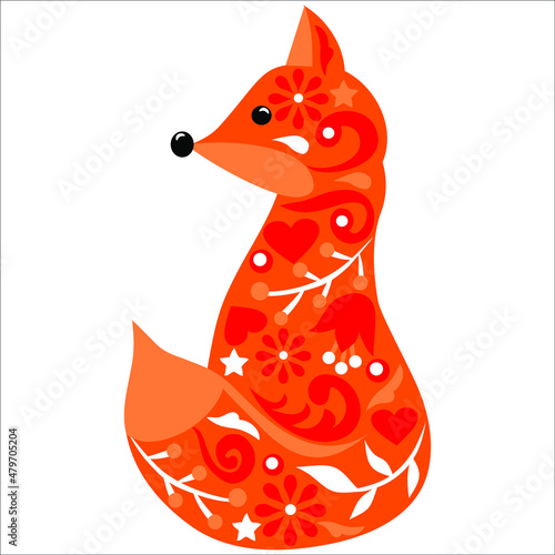 Fox, vector, animal, design, children's, sticker, scandinavian, cartoon, style, flower, pattern, beast, eye, leaf, fox, isolated, white background, for engraving, stencil, tattoo, illustration, red, t