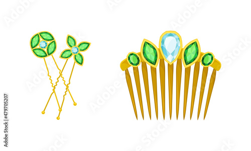 Hair accessories for girlish hairstyle set. Hairpins and hair comb cartoon vector illustration