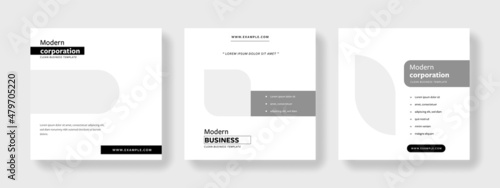 monochrome editable organized social media layouts with minimalistic clean design, black and gray graphic elements, instagram and facebook templates, modern business, original graphic ideas