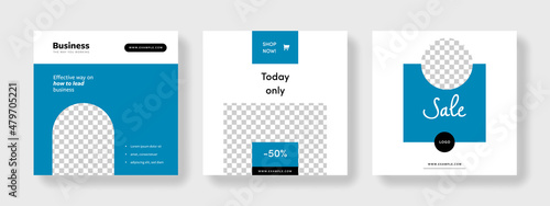 Set of minimal editable social media post templates with blue and black color mix accent. Modern business banner graphics for online advert or product presentation, facebook and instagram	
