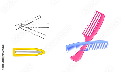 Hair accessories for girlish hairstyle set. Hairpins and plastic combs for hair cartoon vector illustration