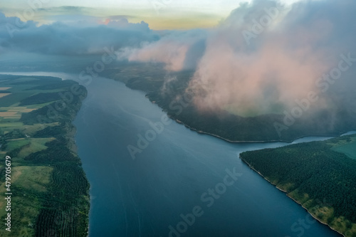 Beautiful landscape aerial view, sunset in fog on the Dniester river, Bakota, Ukraine.
