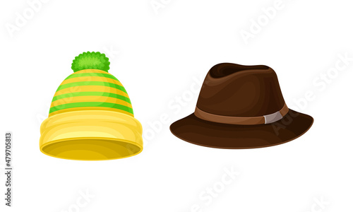 Elegant headgears set. Classic knitted cap with pompom and fedora hat vector illustration
