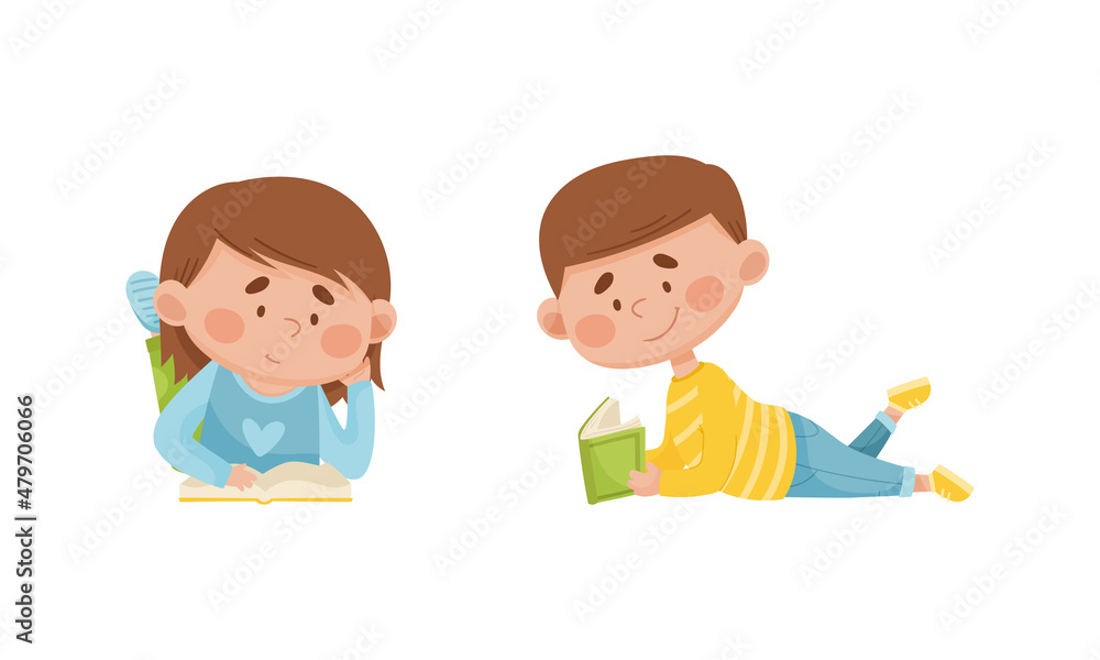 Cute boy and girl lying on floor and reading books set. Elementary school students with books. Kids education cartoon vector illustration