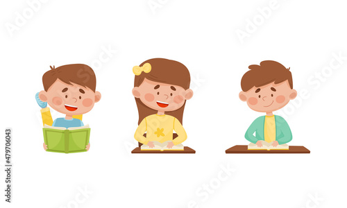 Cute boys reading books in library or in classroom. Elementary school students with books. Kids education cartoon vector illustration