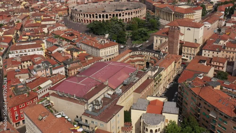 Arena di Verona view from below to the top of the historic city of Verona in Italy. Aerial view of Verona city. Aerial panorama of the historic Italian city of Verona. Arena di Verona view from below to the top of the historic city of Verona in Italy. Aerial view of Verona city. Aerial panorama of the historic Italian city of Verona.