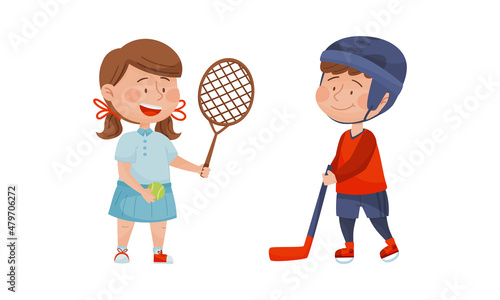 Cute kids playing various sports set. Boy and girl playing badminton and hockey. Children physical activity cartoon vector illustration