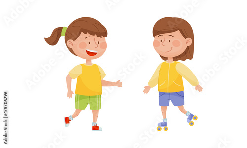 Cute kids doing sports set. Little girls rollerblading and running cartoon vector illustration