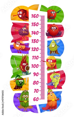 Kids height chart cartoon fruit superheroes and defenders. Growth measure meter vector ruler scale with plum, papaya, lychee, dragon fruit and figs, bergamot, melon characters wear cape and masks