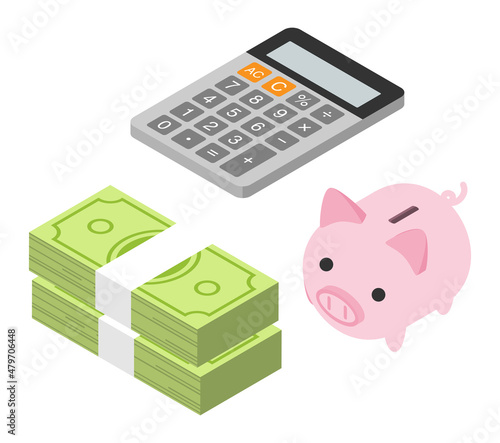 Two bundle of banknotes and piggy bank, calculator, isometric view