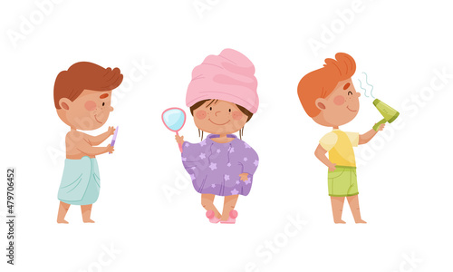 Cute happy kids daily routine set. Little boys and girl with hygiene accessories cartoon vector illustration