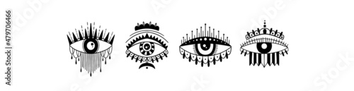 Evil Seeing eye symbol set. Occult mystic emblem, graphic design tattoo. Esoteric sign alchemy, decorative style, providence sight.