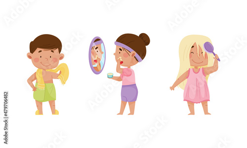 Cute happy kids daily routine set. Little girls and boy wiping with towel, applying cream on face and combing hair cartoon vector illustration