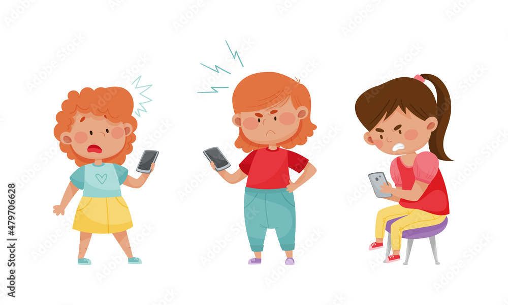 Angry and stressed girls using mobile phones. Internet and smartphone addiction cartoon vector illustration