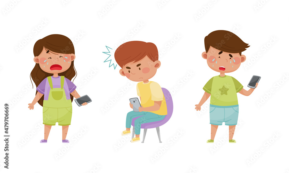 Stressed upset little children using mobile phones. Internet and smartphone addiction, cyberbullying cartoon vector illustration Stressed upset little children using mobile phones. Internet and smartphone addiction, cyberbullying cartoon vector illustration