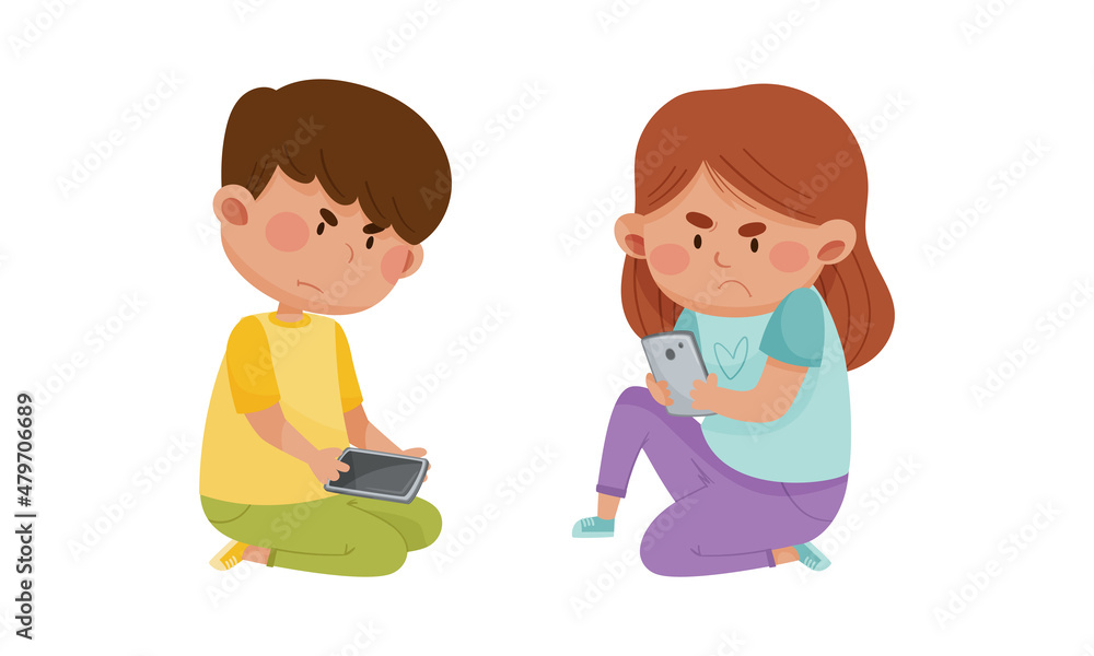 Angry little children using mobile phones. Internet and smartphone addiction cartoon vector illustration Angry little children using mobile phones. Internet and smartphone addiction cartoon vector illustration