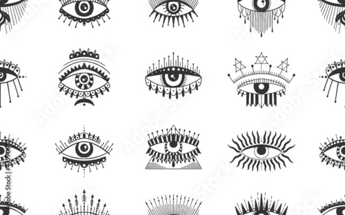 Evil Seeing eye symbol seamless pattern. Occult mystic emblem, graphic design tattoo. Esoteric sign alchemy, decorative style, providence sight.