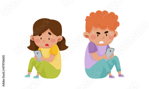 Stressed boy and girl using mobile phones. Internet and smartphone addiction, cyberbullying cartoon vector illustration