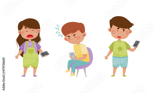 Stressed upset little children using mobile phones. Internet and smartphone addiction, cyberbullying cartoon vector illustration