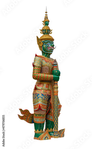 Isolated full body Ravana giant statue on white background, 45 degree angle view, traditional giant figure of Thailand Arts. General Thailand giant in temples of Thailand.