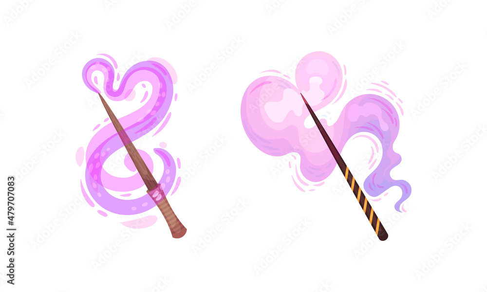 Fairy magic wands with purple smoke set. Fairy sticks wand casting spells  cartoon vector illustration Stock Vector | Adobe Stock
