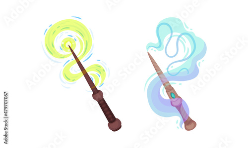 Fairy magic wands with green and blue smoke set. Fairy sticks casting spells cartoon vector illustration