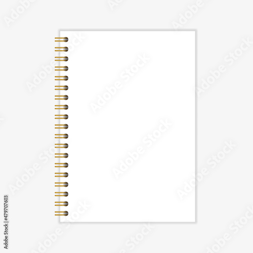 Notebook mockup with gold spiral. Wire bound blank paper note book template. Vertical A4 sheets with gold spiral binding. Vector illustration isolated on realistic style on light background.