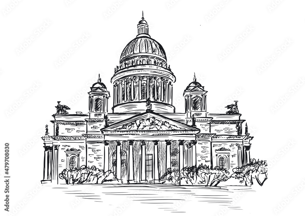 Saint Isaac's Cathedral in St. Petersburg, Russia. Hand drawn sketch illustration.