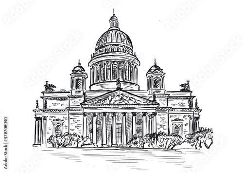 Saint Isaac's Cathedral in St. Petersburg, Russia. Hand drawn sketch illustration.