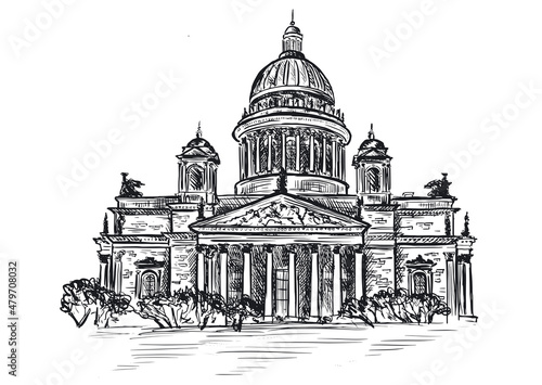 Saint Isaac's Cathedral in St. Petersburg, Russia. Hand drawn sketch illustration.