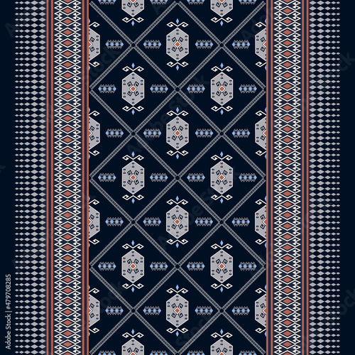 Vector ethnic morocco dark blue color aztec persian border geometric shape seamless pattern background. Use for fabric, interior decoration elements, wrapping.