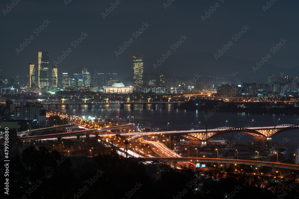 Aerial view of traffic line at seoul city, night view, South Korea. 여의도가 보이는 서울의 야경.	
